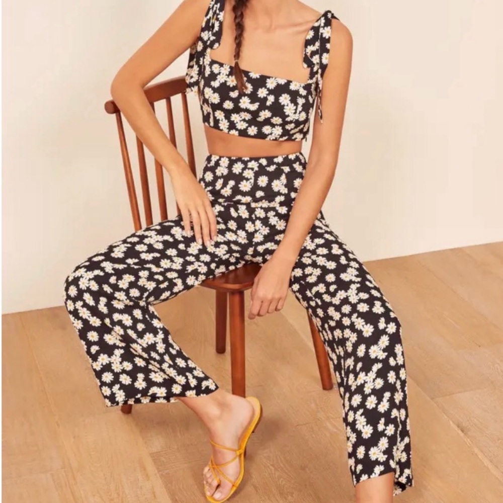Reformation Black Daisy Print Wide Leg Pants High Waist XS Floral Summer